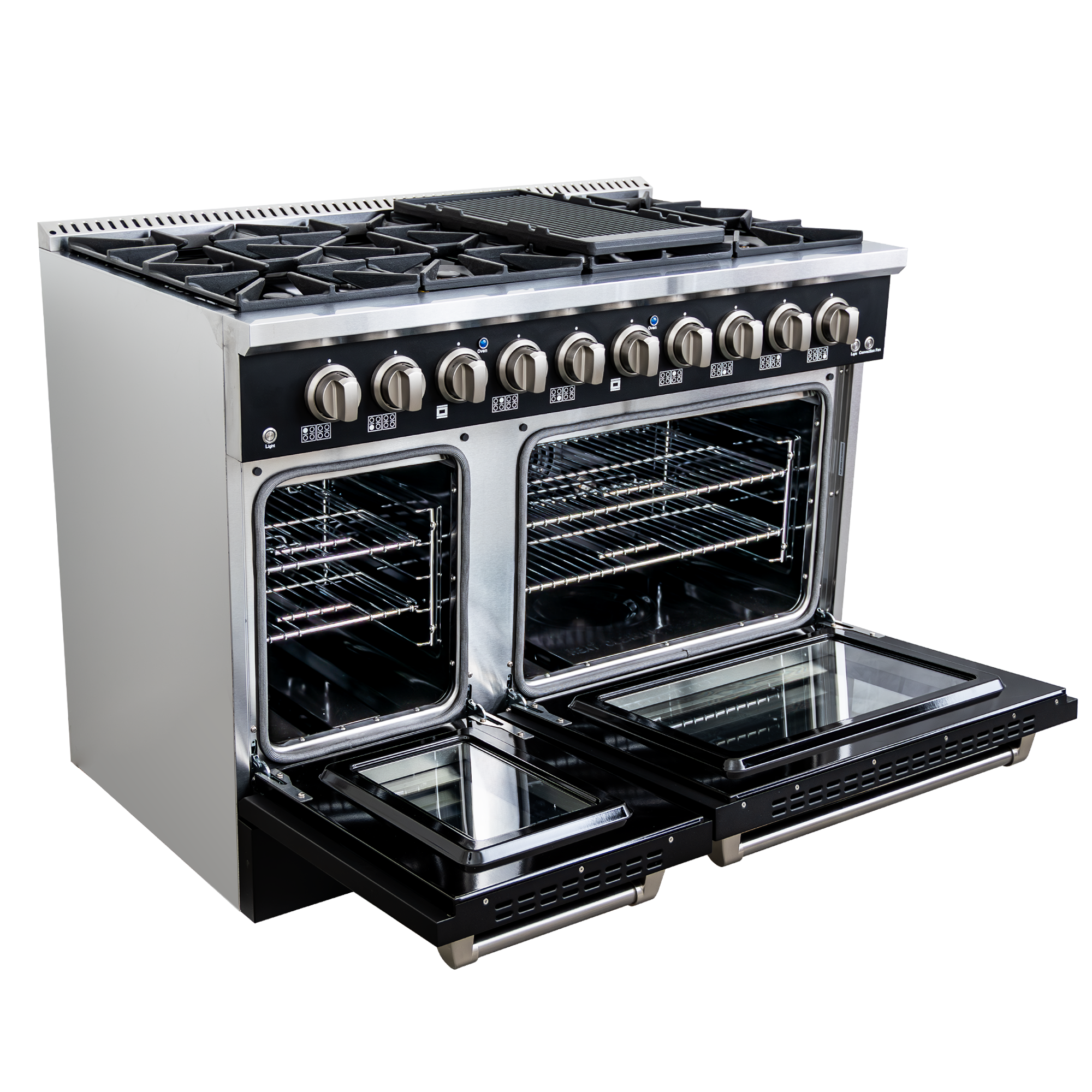 The Proline PLSR 48GE is a matte black 48" dual fuel range with 8 burners, griddle, dual ovens. ProlineRangeHoods.com.