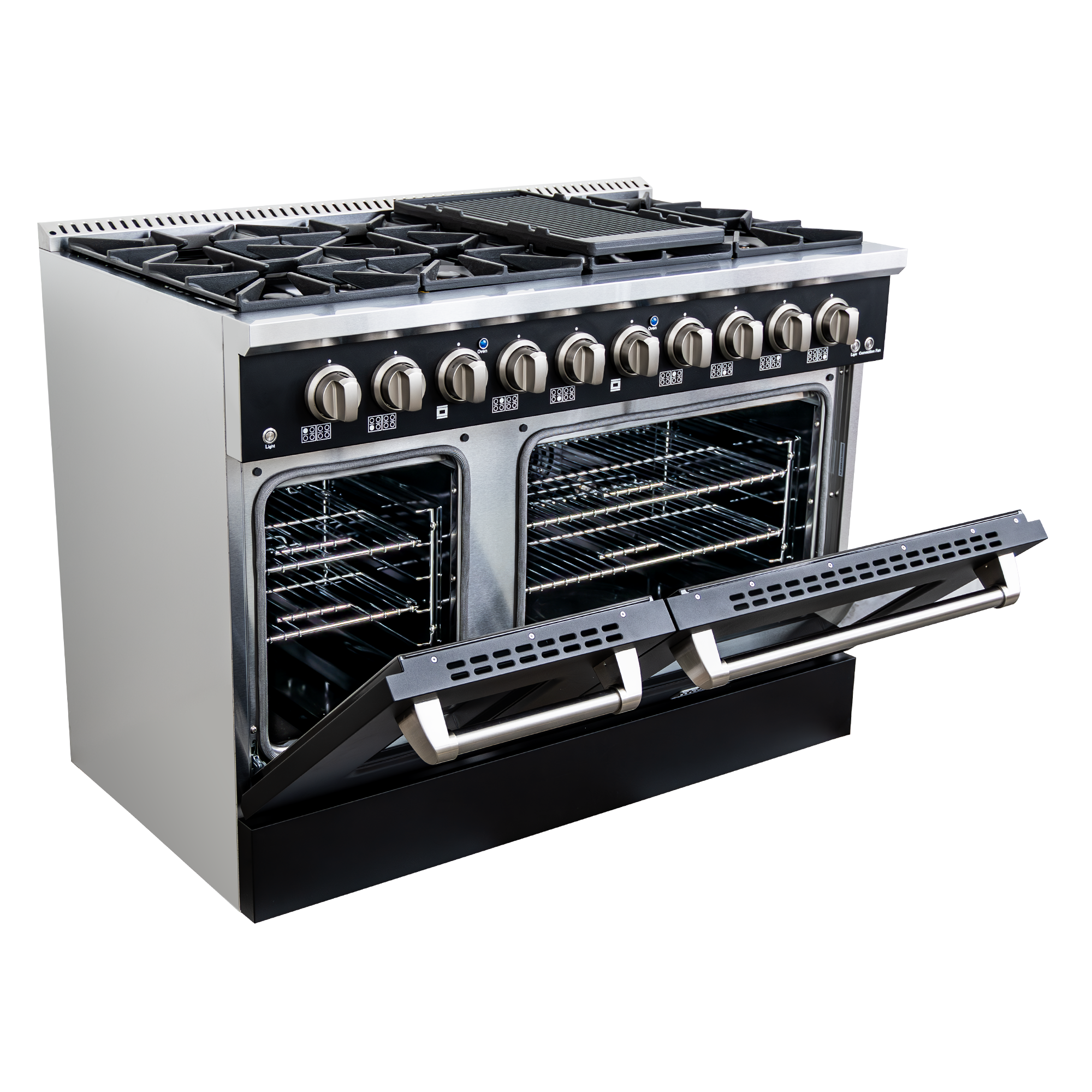 Proline PLSR 48GE 48" matte black range with 8 burners, griddle, open oven door; ProlineRangeHoods.com.