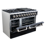 Proline PLSR 48GE 48" matte black range with 8 burners, griddle, open oven door; ProlineRangeHoods.com.