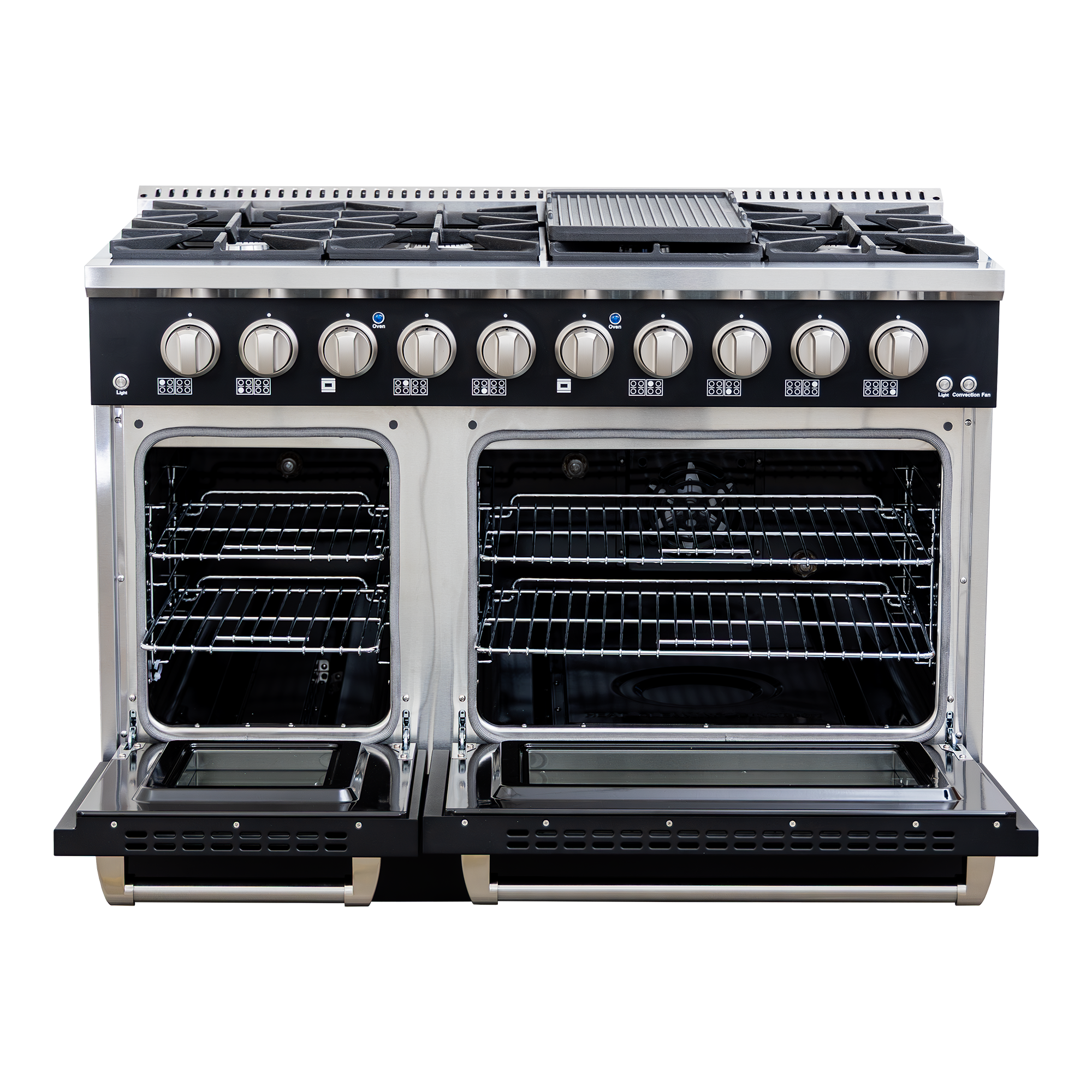 Proline PLSR 48GE Dual Fuel Range: 8 burners, dual ovens, griddle, matte black. ProlineRangeHoods.com.