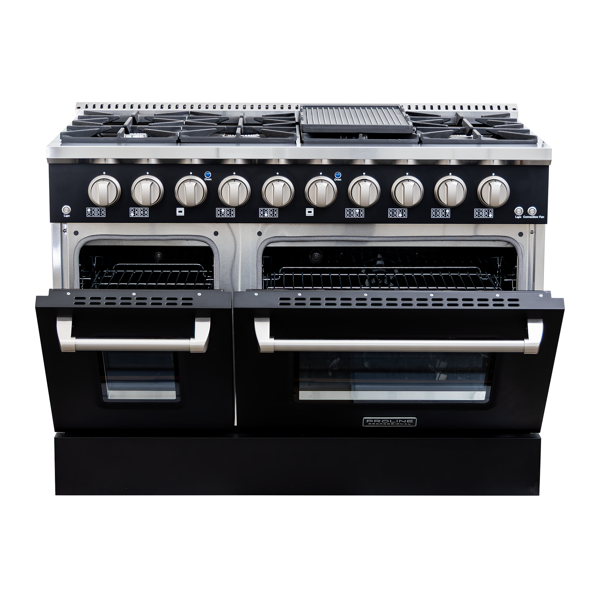 Proline PLSR 48GE matte black dual fuel range: 8 burners, griddle, dual ovens open to racks. ProlineRangeHoods.com.