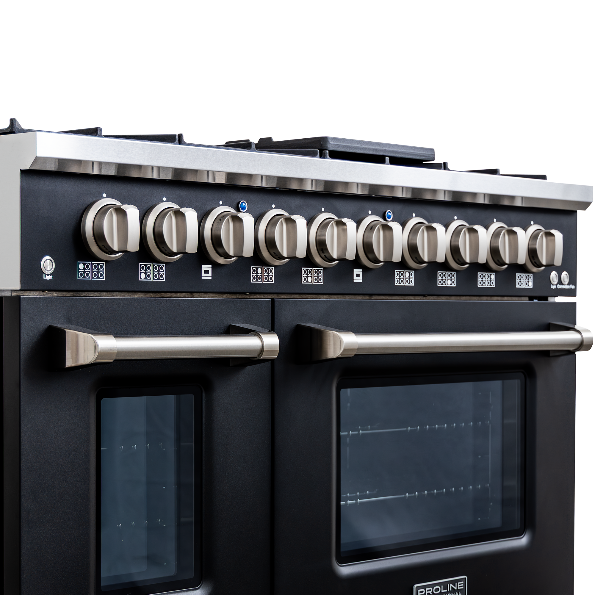 Close-up of Proline PLSR 48GE 48" Dual Fuel Range in matte black, with 8 burners, double ovens, griddle—ProlineRangeHoods.com.