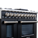 Close-up of Proline PLSR 48GE 48" Dual Fuel Range in matte black, with 8 burners, double ovens, griddle—ProlineRangeHoods.com.