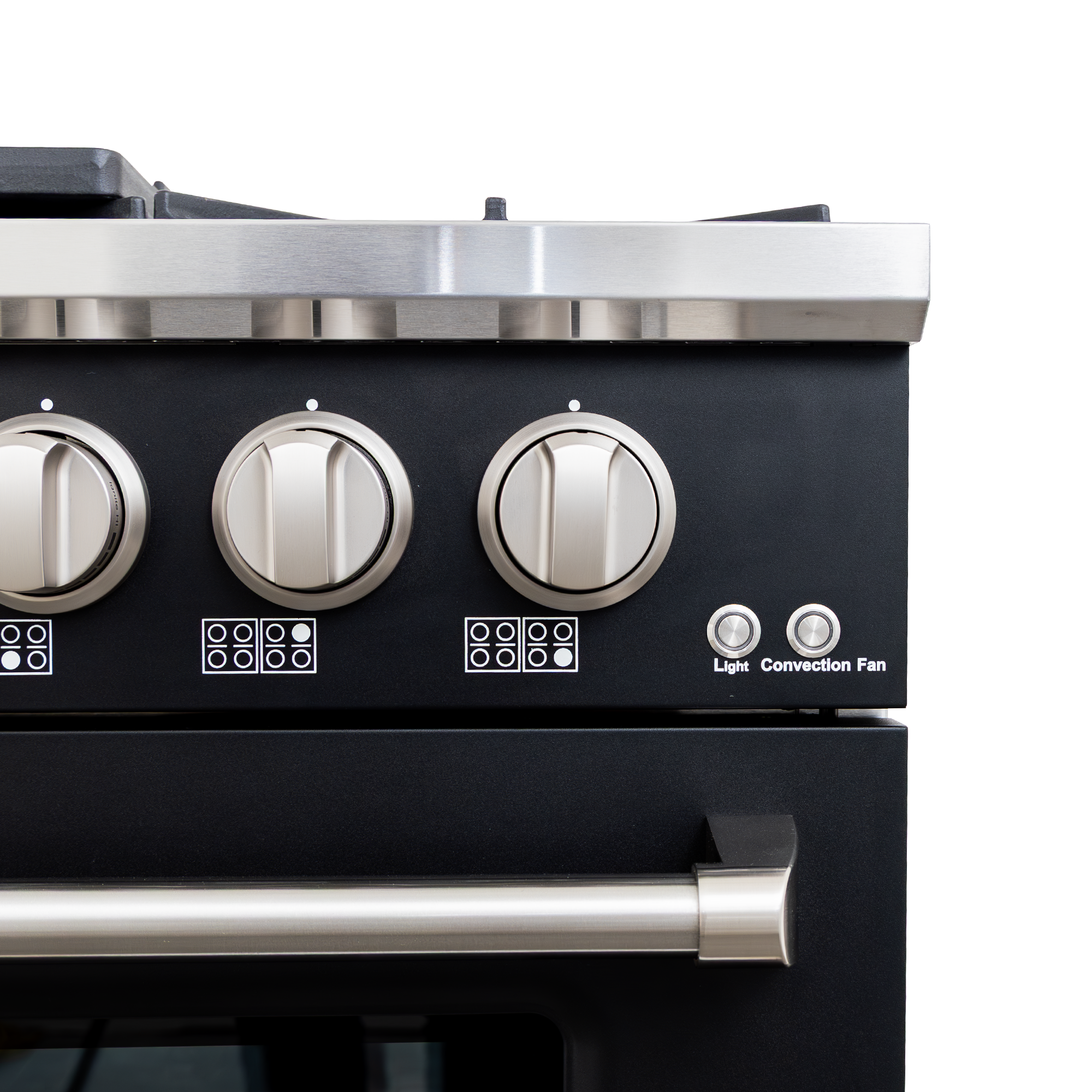 ProlineRangeHoods.com PLSR 48GE 48" Matte Black Dual Fuel Range: eight burners, dual ovens, griddle, control knobs.