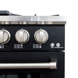 ProlineRangeHoods.com PLSR 48GE 48" Matte Black Dual Fuel Range: eight burners, dual ovens, griddle, control knobs.