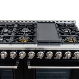 Proline PLSR 48GE: 48" matte black dual fuel range, 8 burners, griddle, double ovens. ProlineRangeHoods.com.