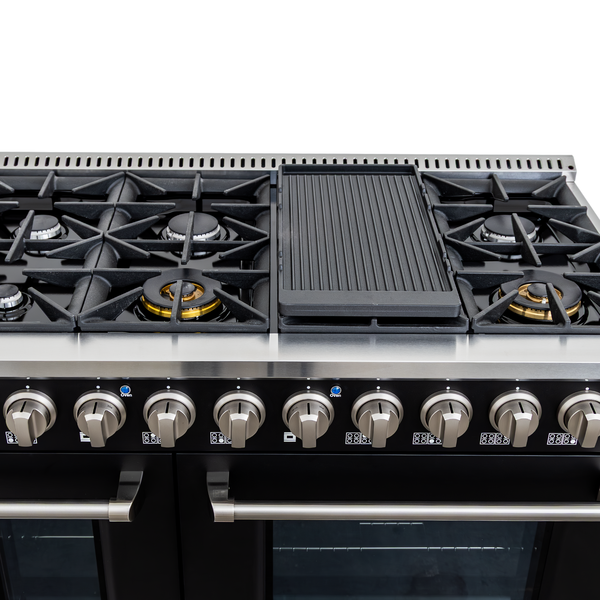 Top view of Proline PLSR 48GE 48" matte black range, 8 burners, griddle, 2 ovens; ProlineRangeHoods.com.