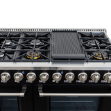 Top view of Proline PLSR 48GE 48" matte black range, 8 burners, griddle, 2 ovens; ProlineRangeHoods.com.