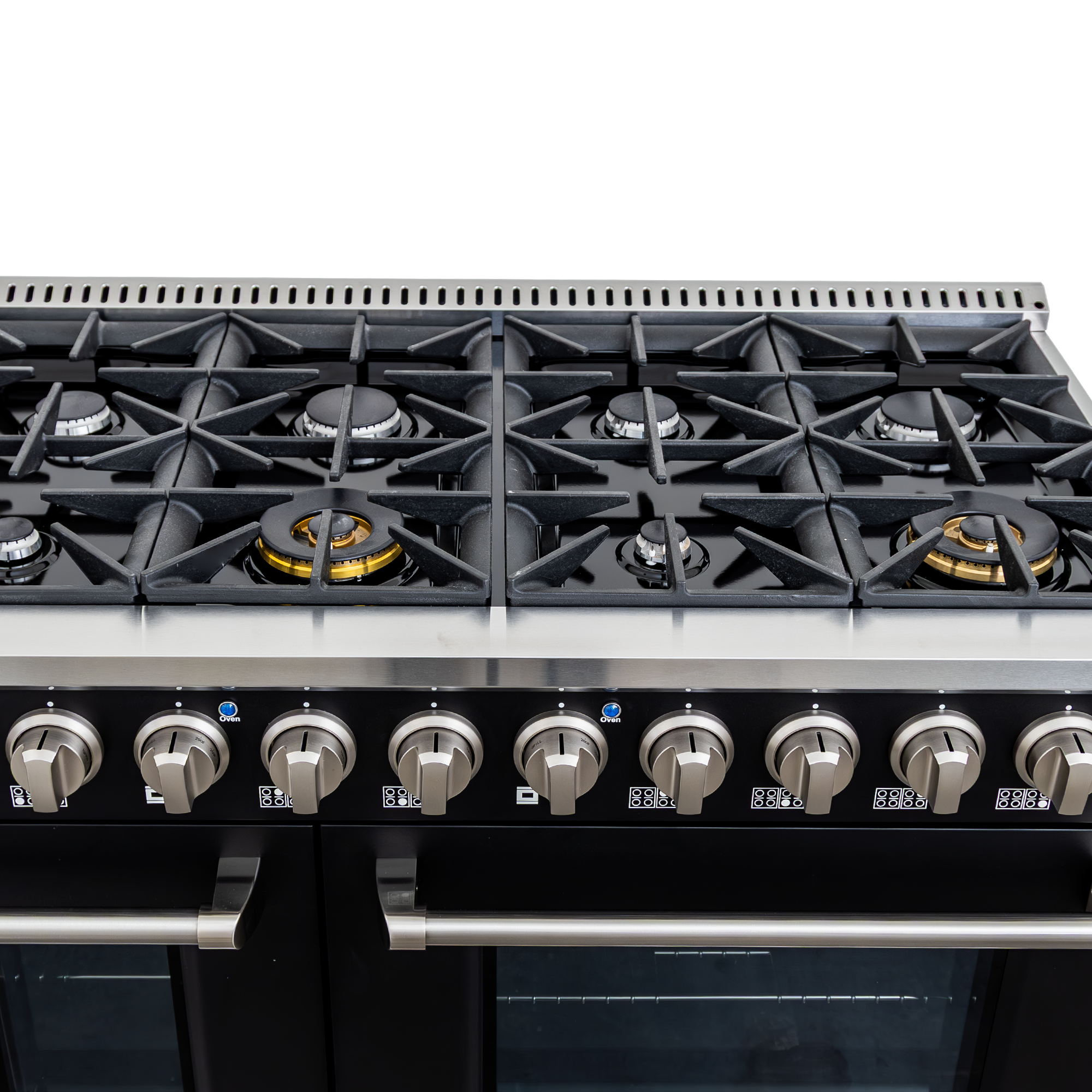 Top view of matte black Proline PLSR 48GE 48" Dual Fuel Range: 8 burners, griddle, dual ovens. ProlineRangeHoods.com.