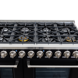 Top view of matte black Proline PLSR 48GE 48" Dual Fuel Range: 8 burners, griddle, dual ovens. ProlineRangeHoods.com.