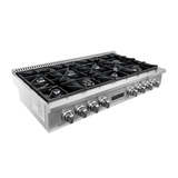 The Proline PLST 48" Gas Rangetop from ProlineRangeHoods.com has 6 burners, control knobs, and cast iron grates.