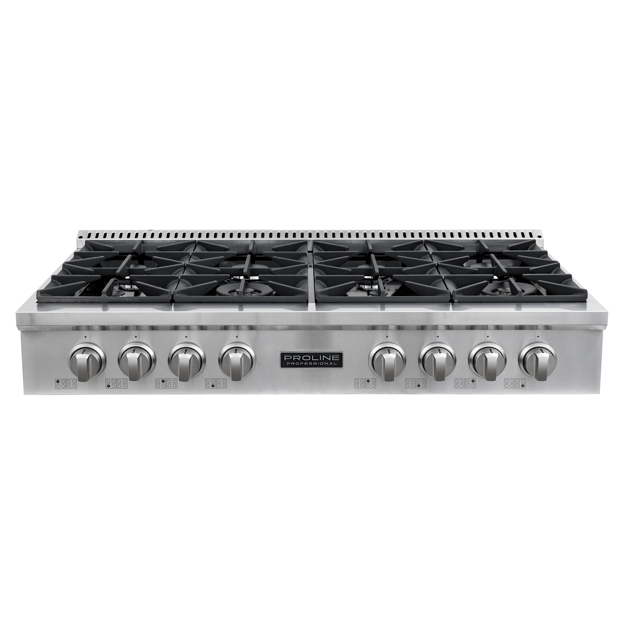 The Proline PLST 48" Gas Rangetop features 8 burners, front knobs, stainless finish. ProlineRangeHoods.com.