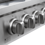 Close-up of four stainless steel knobs on Proline PLST 48" Gas Rangetop by ProlineRangeHoods.com, sleek cooktop visible.