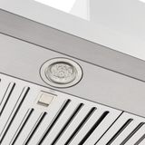 Close-up of the ProlineRangeHoods.com PLSW 129R, a stainless steel wall-mount hood with baffle filters & light.