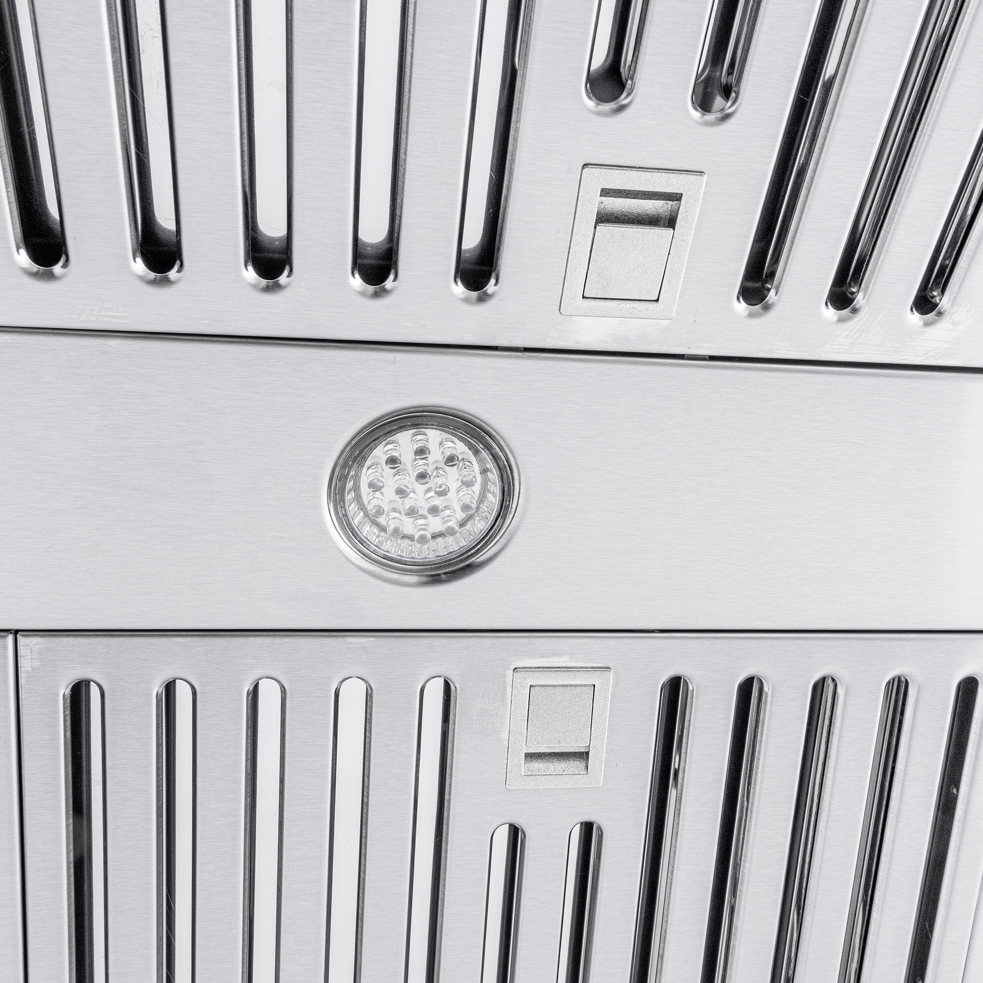 Closeup of ProlineRangeHoods.com PLSW ProS Wall Mount Range Hood, 2025 stainless, LED light, push buttons.