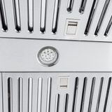 Closeup of ProlineRangeHoods.com PLSW ProS Wall Mount Range Hood, 2025 stainless, LED light, push buttons.