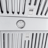 Closeup of ProlineRangeHoods.com PLSW ProS Wall Mount Range Hood, 2025 stainless, LED light, push buttons.