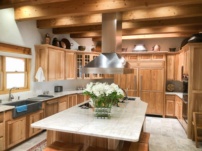 Customer kitchen with the Proline PLJI 103 - Ducted Island Range Hood, 1200 CFM | Stainless Steel Finish, Outdoor Rated Finish Option