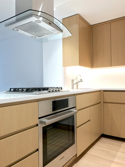Customer kitchen with the Proline PLFI 544 - Ducted Island Range Hood, 600 CFM | Stainless Steel Finish