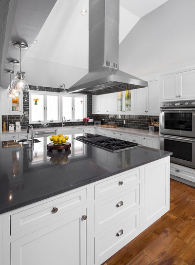 Customer kitchen with the Proline ProSI Ducted Island Range Hood, 900/1800 CFM | 430/304 Stainless Steel Finish