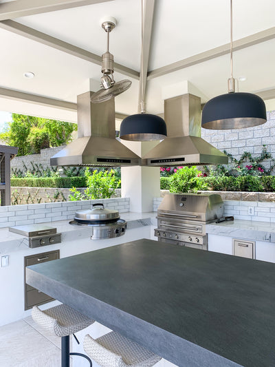 Customer kitchen with the Proline PLJI 102 - Island Range Hood, 1200 CFM | Stainless Steel, Outdoor Rated Finish Option