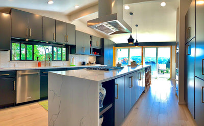 Customer kitchen with the Proline PLFI 755 - Island Range Hood, 1100 CFM | Stainless Steel, Outdoor Rated Finish Option