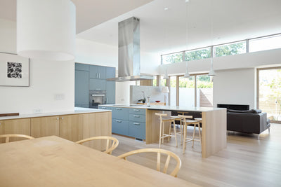 Customer kitchen with the Proline PLFI 750 - Island Range Hood, 1100 CFM | Stainless Steel Finish