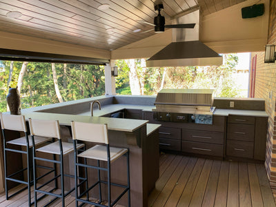 Customer kitchen with the Proline PLJI 103 - Ducted Island Range Hood, 1200 CFM | Stainless Steel Finish, Outdoor Rated Finish Option