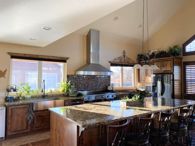 Customer kitchen with the Proline PLJW 104 - Wall-Mounted Range Hood, 1200 CFM | Stainless Steel, Outdoor Rated Finish Option
