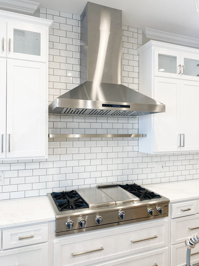 Customer kitchen with the Proline ProSW - Professional Wall-Mounted Range Hood, 1800 CFM | LED Lighting, Stainless Steel Finish