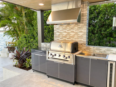 Customer kitchen with the Proline PLJW 109 - Wall-Mounted Range Hood, 1000/2000 CFM | Convertible to Ductless, Stainless Steel Finish, Outdoor Rated