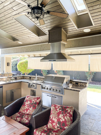 Customer kitchen with the Proline ProSI Ducted Island Range Hood, 900/1800 CFM | 430/304 Stainless Steel Finish