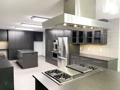 Customer kitchen with the Proline PLFI 755 - Island Range Hood, 1100 CFM | Stainless Steel, Outdoor Rated Finish Option