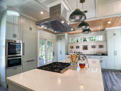 Customer kitchen with the Proline PLFI 750 - Island Range Hood, 1100 CFM | Stainless Steel Finish