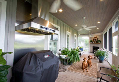 Customer kitchen with the Proline PLJI 102 - Island Range Hood, 1200 CFM | Stainless Steel, Outdoor Rated Finish Option
