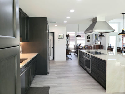 Customer kitchen with the Proline PLJI 109 - Ducted Island Range Hood, 1200 CFM | Stainless Steel Finish