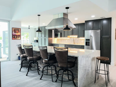 Customer kitchen with the Proline PLJI 109 - Ducted Island Range Hood, 1200 CFM | Stainless Steel Finish