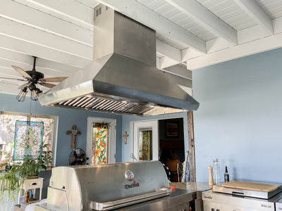 Customer kitchen with the Proline PLJI 109 - Ducted Island Range Hood, 1200 CFM | Stainless Steel Finish