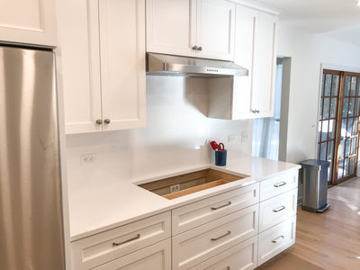 Customer kitchen with the Proline PLJW 185 - Slim Under-Cabinet Range Hood, 600 CFM | Convertible to Ductless, Stainless Steel
