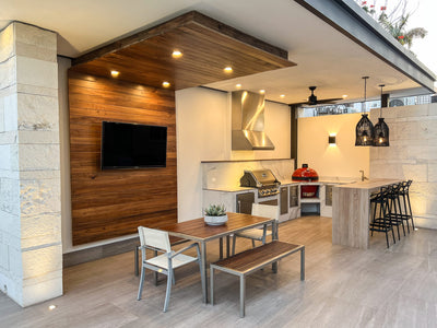 Customer kitchen with the Proline PLJW 109 - Wall-Mounted Range Hood, 1000/2000 CFM | Convertible to Ductless, Stainless Steel Finish, Outdoor Rated