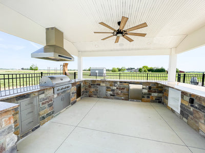 Customer kitchen with the Proline PLJI 102 - Island Range Hood, 1200 CFM | Stainless Steel, Outdoor Rated Finish Option