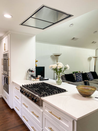 Customer kitchen with the Proline PLFI - 42-Inch Ceiling Flush Mount Range Hood, 1200 CFM | Stainless Steel Finish