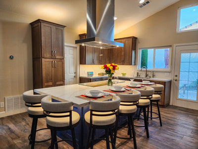 Customer kitchen with the Proline PLFI 750 - Island Range Hood, 1100 CFM | Stainless Steel Finish