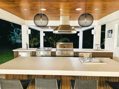 Customer kitchen with the Proline PLJI 102 - Island Range Hood, 1200 CFM | Stainless Steel, Outdoor Rated Finish Option