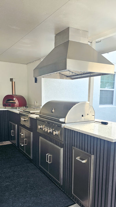 Customer kitchen with the Proline PLGI 104 304 SS - Ducted Island Range Hood, 1200 CFM | Weather Resistant 304 Stainless Steel