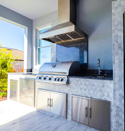 Customer kitchen with the Proline PLJW 104 - Wall-Mounted Range Hood, 1200 CFM | Stainless Steel, Outdoor Rated Finish Option