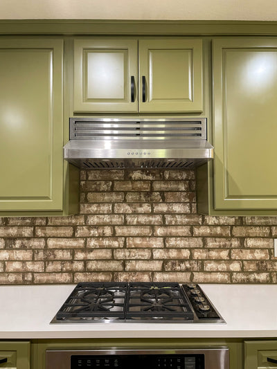 Customer kitchen with the Proline PLJW 185 - Slim Under-Cabinet Range Hood, 600 CFM | Convertible to Ductless, Stainless Steel