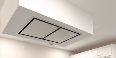 Customer kitchen with the Proline PLFI - 42-Inch Ceiling Flush Mount Range Hood, 1200 CFM | Stainless Steel Finish