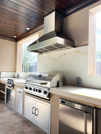 Customer kitchen with the Proline PLJW 104 - Wall-Mounted Range Hood, 1200 CFM | Stainless Steel, Outdoor Rated Finish Option