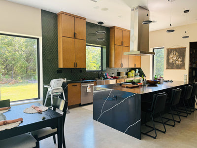 Customer kitchen with the Proline PLFI 750 - Island Range Hood, 1100 CFM | Stainless Steel Finish
